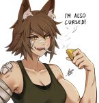 5_fingers airisubaka animal_humanoid bandage bandage_on_face bandage_on_nose bandage_on_shoulder biceps black_bra black_clothing black_underwear bra breasts brown_hair cat_humanoid cigarette cleavage clothed clothing ear_tuft english_text felid felid_humanoid feline feline_humanoid female fingers green_clothing green_shirt green_tank_top green_top green_topwear grin hair hi_res holding_object humanoid humanoid_hands light_body light_skin looking_at_viewer mammal mammal_humanoid motion_lines muscular muscular_female muscular_humanoid open_mouth pupils scuff_marks shirt slit_pupils smile smoke smoking smoking_cigarette solo sports_bra tank_top text topwear tuft underwear yellow_eyes zippo_lighter