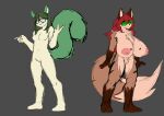 absurd_res anthro big_breasts breasts brown_body brown_fur canid canine duo elize_(moisezt) espaiderlv female fox fur green_tail hi_res huge_breasts mammal moisezt rodent ruohan_(moisezt) sciurid small_breasts tail tree_squirrel yellow_body yellow_fur