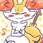 1:1 2026 ^_^ ambiguous_anthro ambiguous_gender annyui0611 anthro biped blush blush_stickers braixen canid closed_smile digital_drawing_(artwork) digital_media_(artwork) eyes_closed front_view generation_6_pokemon half-length_portrait hi_res japanese_description leaning leaning_forward mammal mouth_closed musical_note musical_symbol nintendo object_in_tail pokeball pokemon pokemon_(species) portrait simple_background smile solo standing star_polygon stick stick_in_tail symbol tail translated_description
