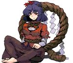  bad_id bad_pixiv_id barefoot blue_hair feet hair_ornament kirusu leaf_hair_ornament oekaki red_eyes rope shide shimenawa short_hair solo touhou yasaka_kanako 