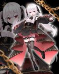  1girl absurdres black_thighhighs blush commentary_request frills highres indie_virtual_youtuber long_hair long_sleeves looking_at_viewer nannung nui_lunaveil open_mouth red_eyes second-party_source skirt smile solo thigh_strap thighhighs torn_clothes torn_thighhighs twintails virtual_youtuber white_hair zoom_layer 