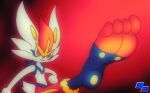 2022 4_toes ambiguous_gender anthro barefoot big_feet cinderace digital_drawing_(artwork) digital_media_(artwork) feet foot_fetish foot_focus fur generation_8_pokemon gradient_background humanoid_feet kick lagomorph leporid long_ears mammal nintendo plantigrade pokemon pokemon_(species) rabbit red_background red_eyes ryoosakuling simple_background solo toes white_body white_fur yellow_inner_ear