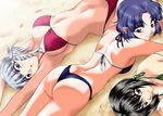  :o armpits arms_up ass beach bikini black_hair blue_eyes blue_hair braid breast_press breasts brown_eyes cleavage hair_ornament hairclip katia_grineal kusuha_mizuha looking_back lying medium_breasts multiple_girls on_back on_side on_stomach sand seolla_schweizer short_hair side_braid sideboob silver_hair smile super_robot_wars super_robot_wars_judgement sweat swimsuit thong_bikini yadokari_genpachirou 