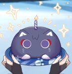  1boy birthday_cake black_bridal_gauntlets blurry blurry_background bridal_gauntlets cake candle candlelight drawn_whiskers eyeliner fingernails food genshin_impact gold_ring highres holding holding_plate indoors looking_at_viewer makeup makoto_774 male_focus middle_ring notice_lines plate pov pov_hands purple_eyes red_eyeliner scaramouche_(cat)_(genshin_impact) scaramouche_(genshin_impact) solo sparkle sparkling_aura wanderer_(genshin_impact) 