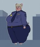 2026 accessory anthro belt black_eyes blonde_hair blush bodily_fluids clothing cloven_hooves cum domestic_pig female fist genital_fluids hair hooves mammal necktie obese obese_anthro obese_female overweight overweight_anthro overweight_female oxkingky pink_body pink_skin police police_officer police_uniform sherry_p_chops short_hair solo standing suid suine sus_(pig) sweat uniform