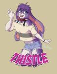 anthro badge blue_eyes bottomwear bra_strap clothing collar eyewear fur glasses hair hi_res hotpants lagomorph leporid male mammal multicolored_body multicolored_fur nonbinary_(lore) off-shoulder_top punkpega purple_body purple_fur purple_hair rabbit shirt shorts solo thistle_(thistlebunny) topwear two_tone_body two_tone_fur white_body white_fur