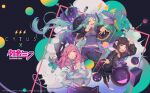  3girls absurdres animal_ear_headphones animal_ears aqua_eyes aqua_hair aqua_trim aroma_white asakura_neko black_eyes black_jacket black_pants black_skirt brown_hair cat_ear_headphones cat_ears commentary_request copyright_logo copyright_notice cytus cytus_ii dress fake_animal_ears floating_headgear fur-trimmed_jacket fur_trim grey_shirt guitar hatsune_miku headgear headphones headset highres holding holding_microphone instrument jacket logo long_hair meowbot microphone multicolored_hair multiple_girls official_art one_eye_closed open_mouth pants pantyhose pink_dress pink_eyes pink_hair reaching reaching_towards_viewer ribbed_shirt shirt short_hair skirt sleeveless sleeveless_shirt smile speaker streaked_hair tuner-san twintails very_long_hair vocaloid white_jacket white_skirt wide_sleeves 