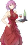  1girl alcohol alternate_costume bottle breasts cleavage cleavage_cutout clothing_cutout commentary_request cup dress drinking_glass feet_out_of_frame giuseppe_garibaldi_(kancolle) gown hand_on_own_hip highres kantai_collection large_breasts multicolored_hair one-hour_drawing_challenge pink_eyes pink_hair red_dress red_hair simple_background solo streaked_hair tray white_background wine wine_bottle wine_glass you_henmoku 