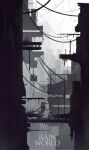  absurdres building commentary_request copyright_name facing_away from_behind highres holding holding_polearm holding_weapon kuangketi outdoors polearm power_lines rain rain_world ruins scaffolding scenery sky slugcat solo spear standing weapon white_sky wide_shot 