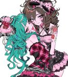  2girls absurdres animal_print aqua_hair black_gloves blunt_bangs blush bow brown_hair chin_piercing closed_mouth commentary cowboy_shot criss-cross_halter curly_hair dixretsa dress drill_hair eyelashes eyeliner face_piercing fang flower_tattoo frilled_dress frills glove_bow gloves hair_between_eyes hair_bow hair_over_shoulder half-closed_eyes halterneck highres jewelry long_hair looking_at_viewer makeup medium_hair multicolored_hair multiple_girls necklace off-shoulder_dress off_shoulder open_mouth original pearl_necklace piercing plaid_clothes plaid_dress polka_dot polka_dot_bow polka_dot_dress print_bow purple_eyes red_streaks seductive_smile short_dress shoulder_tattoo side_part sidelocks simple_background smile streaked_hair tattoo two-tone_bow two-tone_dress white_background yellow_eyes yuri zebra_print 
