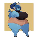 1:1 2026 accessory anthro artist_name belly big_breasts black_clothing black_topwear blue_body blue_hair bottomwear breasts clothing denim denim_bottomwear denim_clothing denim_shorts eeveelution eyelashes female flip_flops footwear generation_1_pokemon generation_4_pokemon hair hair_accessory hair_tie hand_on_hip hi_res huge_breasts huge_hips huge_thighs nintendo pockets pokemon pokemon_(species) ponytail sandals shoes shorts side_view simple_background solo srnava015 tail tan_bottomwear tan_clothing tan_shorts text thick_thighs tied_hair topwear vaporeon wide_hips yellow_background