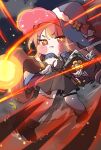  1girl :d ashur_(magi)_(trickcal) ashur_(trickcal) bag black_dress blue_hat blush_stickers book casting_spell chibi chibi_only commentary_request cross-shaped_pupils dress energy energy_ball frown full_body hat highres holding holding_book holding_staff jinokuma7585 korean_commentary light_particles long_hair looking_at_viewer mage_staff magic open_book pink_hair powering_up red_eyes red_hair short_sleeves single_thighhigh smile solo spell staff symbol-shaped_pupils thighhighs trickcal witch witch_hat 