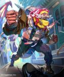  1boy bandana bandana_around_neck belt black_belt black_pants brown_shoes clenched_hands closed_mouth colored_skin commentary_request company_name copyright_notice curved_horns cygames dragon_boy dragon_horns dragon_wings dreadlocks fingernails furry furry_male gallant_gatekeeper highres horns long_fingernails long_hair looking_at_viewer male_focus muscular muscular_male official_art outdoors pants red_hair red_skin shadowverse shadowverse:_worlds_beyond shoes solo standing suspenders tail wings xui_ton yellow_bandana 