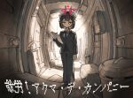  1girl black_jacket black_necktie black_pants black_shoes blazer bob_cut business_suit clipboard closed_mouth collared_shirt commentary_request double-parted_bangs dress_shirt fisheye flower-shaped_pupils halo highres holding holding_clipboard horns indoors jacket jimini_shijimi long_sleeves looking_at_viewer necktie original pants pointy_ears shirt shoes sidelocks solo standing suit symbol-shaped_pupils translation_request white_shirt 