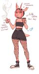 absurd_res alternative_fashion anthro belly beverage black_clothing black_hair bottomwear bovid caprine choker cigarette clothed clothing coffee container crop_top cup ear_piercing english_text eyebrow_piercing eyelashes facial_piercing femboy fishnet_clothing fishnet_stockings footwear gender_symbol goat hair hi_res holding_cigarette holding_container holding_cup holding_object horn jewelry male mammal multicolored_hair navel necklace nepentz nose_piercing piercing pink_hair shirt shoes shorts simple_background smoke sneakers socks solo standing symbol text tired topwear torn_clothing torn_fishnet_clothing two_tone_hair white_background