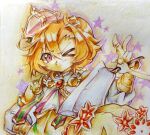  1girl animal_ears armor colored_pencil_(medium) crown ear_covers ear_ornament horse_ears horse_girl jewelry lennardo_(grim_the_end) mini_crown multiple_rings one_eye_closed orange_hair pink_crown purple_eyes ring shoulder_armor single_ear_cover solo t.m._opera_o_(o_sole_suo!)_(umamusume) t.m._opera_o_(umamusume) traditional_media umamusume v 