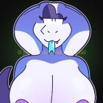 1:1 2026 anthro big_breasts black_background blue_body blue_scales blue_tongue boa_(snake) breasts cobra digital_drawing_(artwork) digital_media_(artwork) eyelashes fangs female gradient_background green_background hi_res hybrid juiciidrop looking_at_viewer multicolored_body multicolored_scales narrowed_eyes nipples nisha_(bluedingo) obscured_nipples purple_nipples reptile scales scalie shaded simple_background snake snake_hood solo tail teeth tongue tongue_out white_body white_scales