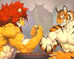 2024 5:4 5_fingers abdominal_scar abs ambiguous_gender anthro archived_source arm_scar arm_wrestling audience back_scar barrel biceps big_muscles black_claws bodily_fluids brown_mane brown_stripes captainjohkid cheering chest_scar claws clenched_teeth closed_smile countershade_face countershade_fur countershade_hands countershade_neck countershade_torso countershading deltoids description_request digital_drawing_(artwork) digital_media_(artwork) duo_focus facial_markings felid fingers flying_sweatdrops fur furrowed_eyebrows group gums half-length_portrait hand_scar head_markings head_scar hi_res inner_ear_fluff japanese_description latissimus_dorsi lion male mammal mane markings mouth_closed multicolored_body multicolored_fur muscular muscular_anthro muscular_male neck_tuft nude nude_anthro nude_male obliques orange_body orange_fur pantherine pecs pink_scar portrait pupils purple_eyes raised_arm red_eyes red_mane scar serratus sharp_teeth side_view silhouette slit_pupils smile snout striped_arms striped_face striped_shoulders stripes sweat sweatdrop sweaty_face tan_body tan_countershading tan_inner_ear_fluff teeth tiger toothy_grin tuft two_tone_body two_tone_fur unavailable_at_source whiskers white_sclera x_scar yellow_body yellow_fur