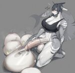  1girl absurdres ahoge animal_ears black_hair black_sports_bra blush bottomless breasts cleavage clenched_teeth closed_eyes colored_skin condom condom_on_penis cum ejaculation english_text excessive_cum fins fish_tail furry furry_female futanari futanari_masturbation grey_hair grey_skin handjob highres large_breasts large_penis large_testicles masturbation notglacier original penis science_fiction seiza shark_girl shark_tail short_hair simple_background sitting solo sound_effects sports_bra sweat tail teeth testicles uncensored used_condom used_condom_on_penis 