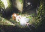  1girl abandoned cable closed_eyes closed_mouth commentary day dress drone electrical_outlet foliage frilled_sleeves frills full_body grass highres holding holding_letter indoors letter long_hair lying mitsuki_(yu_hsiang_yi) on_back on_floor orange_hair original overgrown plant short_sleeves sleeping socks solo vines white_dress white_socks 