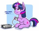blush carpdime controller english_text equid equine female feral friendship_is_magic hasbro hi_res horn looking_offscreen mammal my_little_pony mythological_creature mythological_equine mythology nintendo_console simple_background smile solo text twilight_sparkle_(mlp) unicorn