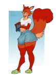 aidan_(nackvixen) anthro big_bulge biped boosterpang bottomwear bulge cleaning_rag clothing crocs crop_top denim denim_bottomwear denim_clothing denim_shorts femboy footwear fur grease_stains hi_res huge_bulge male male_anthro mammal orange_body orange_fur plantigrade rodent sciurid shirt shorts smile solo standing thick_thighs topwear tree_squirrel