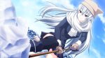  1girl anekouji_naoko_to_giniro_no_shinigami black_thighhighs blue_coat breasts buttons closed_mouth cloud coat double-breasted floating_hair forest game_asset gloves grey_gloves grey_hat hat highres holding holding_shovel kirsti_ylianttila knee_up light_smile long_hair long_scarf long_sleeves looking_at_object medium_breasts nature non-web_source orange_eyes outdoors quinzhee scarf self-datamine shironeko_sanbou shovel sky snow snow_shelter solo standing thighhighs very_long_hair white_hair white_scarf 