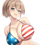  1girl american_flag american_flag_bikini american_flag_print bikini blue_eyes blush breasts brown_hair collarbone commentary_request dutch_angle flag_print flag_print_bikini hair_between_eyes highres huge_breasts intrepid_(kancolle) kantai_collection looking_at_viewer montemasa ponytail print_bikini shirt short_hair solo swimsuit upper_body white_shirt 