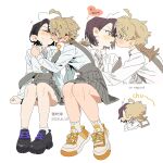  ! !! 2girls ahoge ankle_socks arm_support bare_legs black_hair black_shoes blonde_hair blowing_bubbles blush bottle braid breast_pocket buttons chibi chibi_inset chinese_text clenched_hands closed_eyes closed_mouth collared_shirt colored_speech_bubble couple crossed_bangs dated diagonal-striped_clothes diagonal-striped_necktie dress_shirt ear_blush english_text eye_contact facing_viewer from_side full_body furrowed_brow grey_necktie grey_skirt hair_ornament hairclip hand_on_another's_shoulder hand_up highres jellyfish_cut kiss knees_together_feet_apart leaning_back leaning_forward licking licking_another's_face licking_another's_lips long_hair long_sleeves looking_at_another looking_to_the_side loose_hair_strand low_block_heels minamip multiple_girls multiple_hairclips multiple_views necktie nervous nose_blush open_clothes open_mouth open_shirt orange_trim original parallel_hairclips parted_bangs parted_lips partially_unbuttoned platform_shoes pleated_skirt pocket profile projected_inset purple_trim red_eyes school_uniform shirt shoelaces shoes short_hair simple_background sitting skirt sleeve_cuffs sneakers socks sound_effects speech_bubble striped_clothes striped_necktie suspender_skirt suspenders suspenders_slip thick_eyebrows tie_clip turning_head unbuttoned unbuttoned_shirt white_background white_shirt white_shoes white_socks yuri 