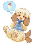3_toes ageplay ambiguous_gender baby_bottle blue_clothing blush bodily_fluids canid canine canis clothed clothing diaper digital_media_(artwork) domestic_dog eyes_closed feet fur genital_fluids hi_res infantilism mammal puppypamps roleplay simple_background tail tail_motion tailwag toes unclean_diaper urine used_diaper wearing_diaper wet_diaper wetness_indicator white_background