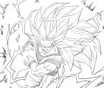  1boy amayuki318 aura belt closed_mouth collarbone commentary_request dougi dragon_ball electricity fighting_stance goku_day hair_behind_ear hair_ornament halo highres kamehameha_(dragon_ball) leg_lift long_hair looking_at_viewer male_focus monochrome muscular muscular_male no_eyebrows pectorals powering_up serious sleeveless solo son_goku spiked_hair super_saiyan super_saiyan_3 traditional_halo undershirt very_long_hair white_background wristband 