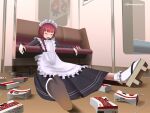  1girl alcohol_carton apron bench black_jacket black_skirt blunt_bangs bobby_socks bocchi_the_rock! braid character_doll closed_eyes commentary_request doll drink_carton drooling from_below full_body geta highres hiroi_kikuri jacket jersey_maid kita_ikuyo kombudashii leaning_back maid maid_apron maid_headdress mouth_drool on_floor poster_(object) purple_hair shoes single_braid single_shoe skirt sleeping socks solo spread_legs tabi track_jacket twitter_username unconventional_maid white_apron white_socks 