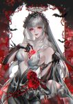  1girl bare_shoulders bat_(animal) black_veil breasts commentary coquelic_(path_to_nowhere) hands_up highres long_hair official_alternate_costume onegingek open_mouth path_to_nowhere red_eyes smile solo thorns untranslatable_commentary veil white_background white_hair 