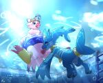 animal_genitalia anus aquatic avian bandai_namco beak biyomon blue_body blue_eyes blush claws clothing cora digimon digimon_(species) duo eyewear eyewear_on_head female feral fridaylugia genital_slit genitals goggles goggles_on_head hi_res inflatable inner_tube knot knotted_penis male male/female penis swimming_pool underwear vulva