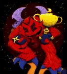 anthro award bandai_namco black_eyebrows blue_claws blue_clothing blue_gloves blue_handwear ceremony claws clothing confetti crouching demon eyebrows fingerless_gloves fur gloves gold_(metal) half-closed_eyes hand_on_knee hand_on_leg handle handwear holding_object horn long_tongue looking_at_viewer male motorcycle narrowed_eyes on_vehicle orojunestar pac-devil pac-man pac-man_(series) pac-man_eyes pac-man_world_rally purple_horn red_body red_eyes red_fur red_nose sharp_teeth signature simple_background solo teeth tongue tongue_out trophy vehicle