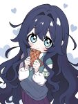  1girl antenna_hair blue_eyes blue_hair blush closed_mouth commentary cowboy_shot double-parted_bangs fluffy_hair from_above green_sweater_vest hair_intakes hands_up heart highres holding holding_phone kimi_no_koto_ga_dai_dai_dai_dai_daisuki_na_100-nin_no_kanojo long_hair long_sleeves looking_at_viewer looking_up mamesuki neck_ribbon ohananomitsu_high_school_uniform phone pleated_skirt purple_skirt red_ribbon ribbon school_uniform shirt side_ahoge skirt smile solo sweater_vest untranslatable_commentary very_long_hair wavy_hair white_shirt yoshimoto_shizuka 