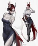 absolute_territory anthro aquatic binder_(object) black_bottomwear black_bra black_clothing black_dress black_legwear black_skirt black_stockings black_underwear bottomwear bra breasts choker christian_cross christian_symbol christianity cleavage clothed clothing cross dacsy dress eyebrows eyeshadow eyewear female fish footwear hair hair_bun hi_res high_heels horn jewelry legwear makeup necklace office_lady open_clothing open_shirt open_topwear porty_(dacsy) red_eyewear red_hair red_sunglasses religion religious_symbol shark shark_tail shirt shoes simple_background skirt solo stockings sunglasses topwear underwear white_background