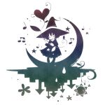  1girl balloon beamed_eighth_notes blending closed_eyes closed_mouth commentary dress eighth_note flower greyscale hat heart_balloon holding holding_balloon leaf loa_lawrence_(orange_lore) monochrome musical_note on_crescent orange_lore original quarter_note signature smile solo standing star_(symbol) sun white_background witch_hat 