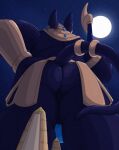 absurd_res accessory anthro anubian_jackal anubis armlet armor_plates bottomwear butt butt_focus canid canine canis clothing deity digital_media_(artwork) egyptian_mythology faceless_character faceless_male facing_away_from_viewer full_moon furgonomics gem headdress hi_res jackal jewelry loincloth looking_away low-angle_view macro male mammal middle_eastern_mythology monotone_body moon muscular muscular_anthro muscular_male mythology night obelisk raised_tail ring sillywerwolf sky solo staff star starry_sky tail tail_accessory tail_jewelry tail_ring worm's-eye_view