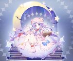  1girl absurdres bat_(animal) blue_bow book book_stack boots bow bowtie closed_mouth commentary crescent crescent_hat_ornament dress footwear_bow full_body hair_bow hat hat_ornament highres holding holding_book long_hair looking_at_viewer mob_cap multiple_hair_bows patchouli_knowledge pink_boots pink_dress pink_hat purple_eyes purple_hair red_bow red_bowtie sia_6767 smile solo star_(symbol) striped_clothes striped_dress touhou vertical-striped_clothes vertical-striped_dress very_long_hair yellow_bow 