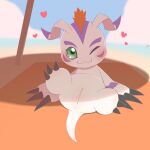 1:1 2026 absurd_res anus aquatic atag_niko bandai_namco beach black_claws claws closed_smile cloud cute_fangs day digimon digimon_(species) digital_drawing_(artwork) digital_media_(artwork) fangs female female_feral feral front_view genitals gomamon head_tuft heart_symbol hearts_around_head hi_res innie_vulva long_claws looking_at_viewer mammal markings mouth_closed multicolored_body one_eye_closed pinniped presenting presenting_vulva purple_markings quadruped shaded sky smile soft_shading solo teeth tuft two_tone_body vulva white_body wink