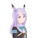  1girl animal_ears closed_mouth highres horse_ears horse_girl long_hair looking_at_viewer lukokoapple mejiro_mcqueen_(frontline_elegance)_(umamusume) mejiro_mcqueen_(umamusume) purple_eyes purple_hair self-upload simple_background smile solo umamusume upper_body white_background 