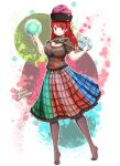  1girl black_shirt blush breasts chain cleavage cleavage_cutout clothes_writing clothing_cutout commentary_request cross dated dress earth_(ornament) frills full_body furim hecatia_lapislazuli highres inverted_cross large_breasts long_hair long_legs moon_(ornament) multicolored_dress no_shoes one-hour_drawing_challenge open_mouth pantyhose plaid_clothes plaid_dress red_eyes red_hair shirt short_sleeves signature smile solo symbol-shaped_pupils tiptoes touhou 