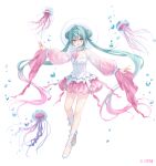  1girl ahoge aqua_eyes blush braid braided_base bubble bun_with_braided_base cleavage_cutout clothing_cutout commentary_request copyright_logo double_bun figure_available fukahire_(ruinon) full_body gradient_hair gradient_sleeves green_hair hair_between_eyes hair_bun hair_intakes hatsune_miku jellyfish logo long_hair long_sleeves merchandise_available multicolored_hair official_art open_mouth outstretched_arms pink_hair pink_ribbon pink_skirt pink_sleeves ribbon shirt simple_background skirt smile solo spread_arms twintails two-tone_hair vocaloid white_background white_shirt 