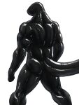 3:4 anthro black_body corinoch_(artist) drone faceless_character glistening glistening_body hi_res latex latex_body latex_creature living_latex male muscular muscular_male rear_view scalie simple_background solo standing tail white_background
