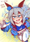  1girl animal_ears belt blue_eyes blue_hairband blue_jacket blue_shoes blue_sports_bra blush commentary_request ear_covers electricity fangs fingerless_gloves gloves grey_hair hair_between_eyes hairband headband highres horse_ears horse_girl jacket lightning_bolt_print lightning_bolt_symbol long_hair long_sleeves midriff multicolored_hairband navel open_mouth pants red_belt red_headband running shoes sports_bra striped_clothes striped_hairband suzuneiroekaki tamamo_cross_(fast_as_lightning)_(umamusume) tamamo_cross_(umamusume) teeth two-tone_hairband umamusume very_long_hair white_pants 