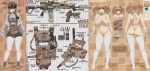  1girl absurdres ammunition ammunition_pouch ar-10 armpit_crease arms_at_sides ass back backboob bare_shoulders battle_rifle beretta_92 bikini black_shorts body_armor breasts brown_background brown_hair brown_shoes camouflage camouflage_jacket choker closed_mouth collarbone commission dgkamikaze drill_hair dual_ptt english_text freckles frilled_choker frills gloves green_eyes grey_bikini grey_choker grey_gloves grey_jacket grey_sleeves grey_thighhighs gun handgun helmet highres holster jacket large_breasts load-bearing_vest long_hair long_sleeves magazine_(weapon) midriff mole mole_on_breast multiple_views navel o-ring o-ring_bikini original pouch reference_sheet rifle scope shadow shoes shorts simple_background skindentation suppressor swimsuit thermal_scope thighhighs twin_drills weapon 