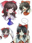  ... 1girl absurdres ame_iru ascot blue_ascot bow brown_eyes brown_hair chibi chibi_inset closed_mouth commentary_request cropped_head detached_sleeves frilled_bow frilled_hair_tubes frills gohei hair_bow hair_tubes hakurei_reimu highres holding holding_gohei long_hair looking_at_viewer multiple_views orb red_ascot red_bow red_skirt ribbon-trimmed_sleeves ribbon_trim simple_background skirt skirt_set smile spoken_ellipsis touhou white_background yellow_ascot yin_yang yin_yang_orb 