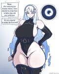  1girl absurdres bare_shoulders black_leotard black_thighhighs blue_eyes blue_lips blue_nails breasts cameltoe colored_eyelashes commentary covered_navel curvy elbow_gloves english_text fairy_(zenless_zone_zero) gloves hand_on_own_hip highleg highleg_leotard highres huge_breasts leotard long_hair looking_at_viewer partially_visible_vulva saltdrawyou skindentation solo thick_thighs thighhighs thighs very_long_hair white_background white_eyelashes white_hair wide_hips zenless_zone_zero 