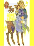  2girls :d animal_ears bare_shoulders blonde_hair blonney blue_shorts brown_hair carrying centauroid character_name child_carry commentary deer deer_ears deer_girl deer_tail doll earrings full_body green_eyes green_leg_warmers green_sports_bra hand_on_another's_shoulder highres jacket jessica_(reverse:1999) jewelry leg_warmers long_hair looking_at_another multiple_girls off_shoulder purple_jacket reverse:1999 sakiixu shirt shoes shorts smile sparkle sports_bra sweat tail taur white_background white_shirt white_shoes 